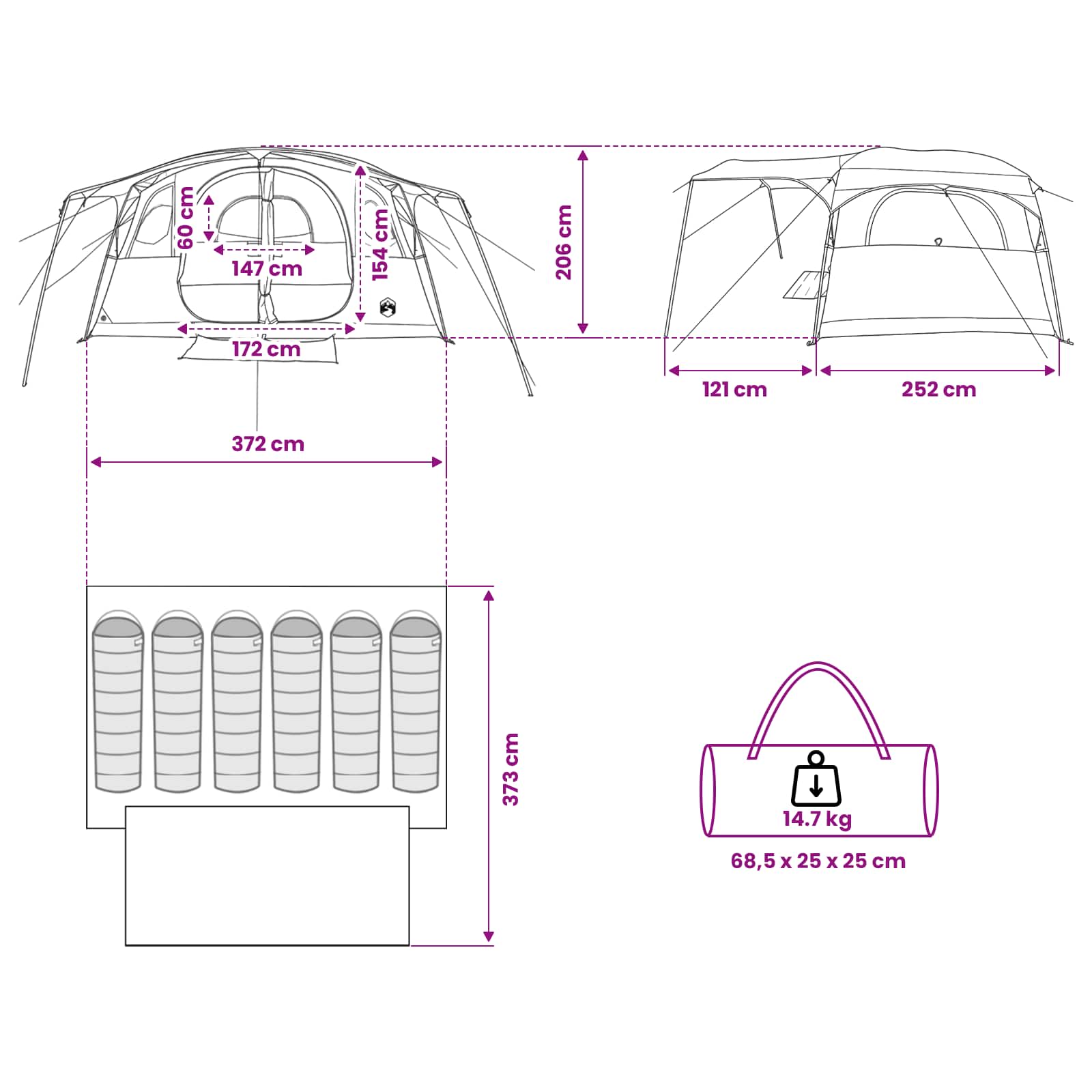 vidaXL Tunneltent met dak Groen 366 x 244 x 198 cm Polyester en staal