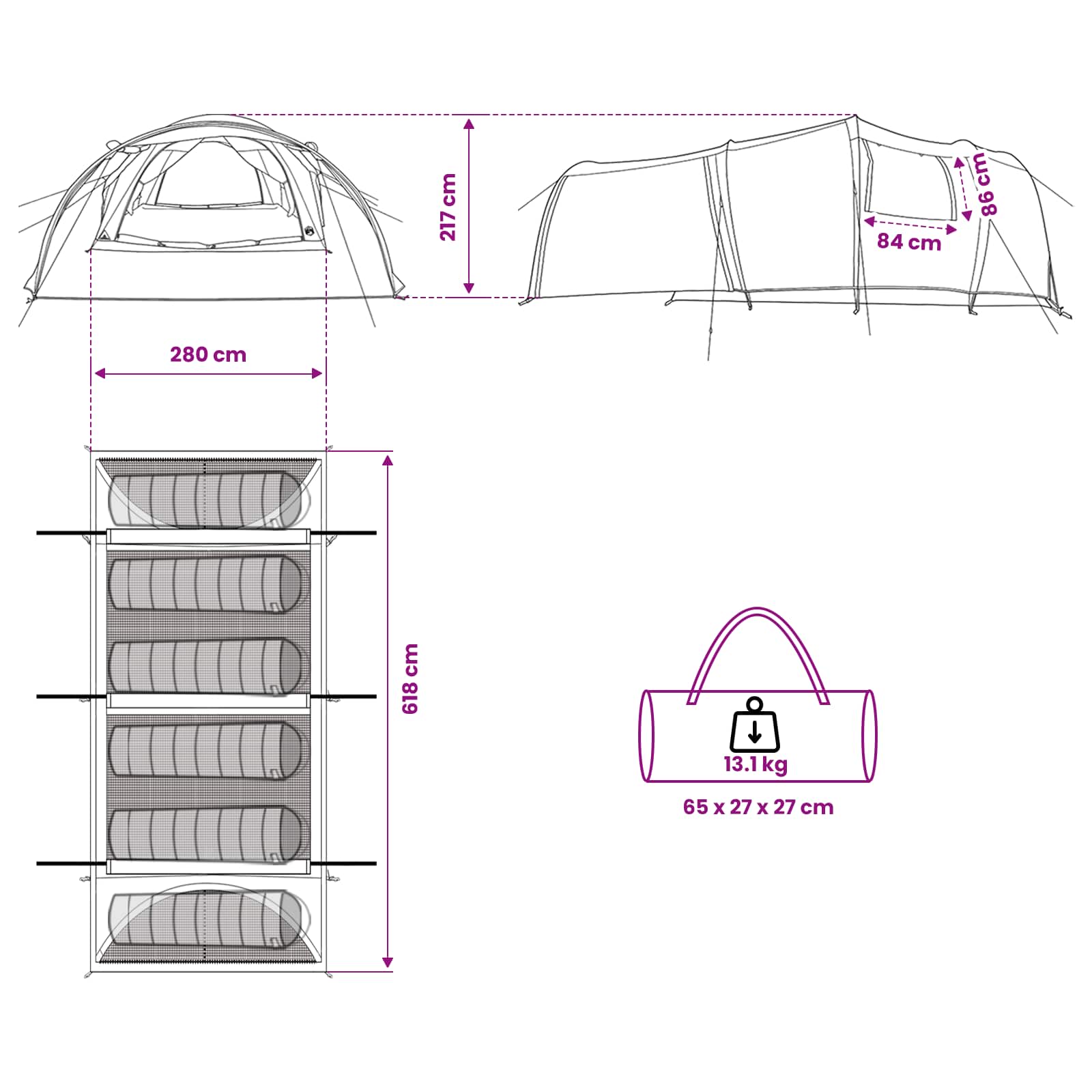 vidaXL Tunneltent met dak Groen 370 x 275 x 210 cm Polyester en staal