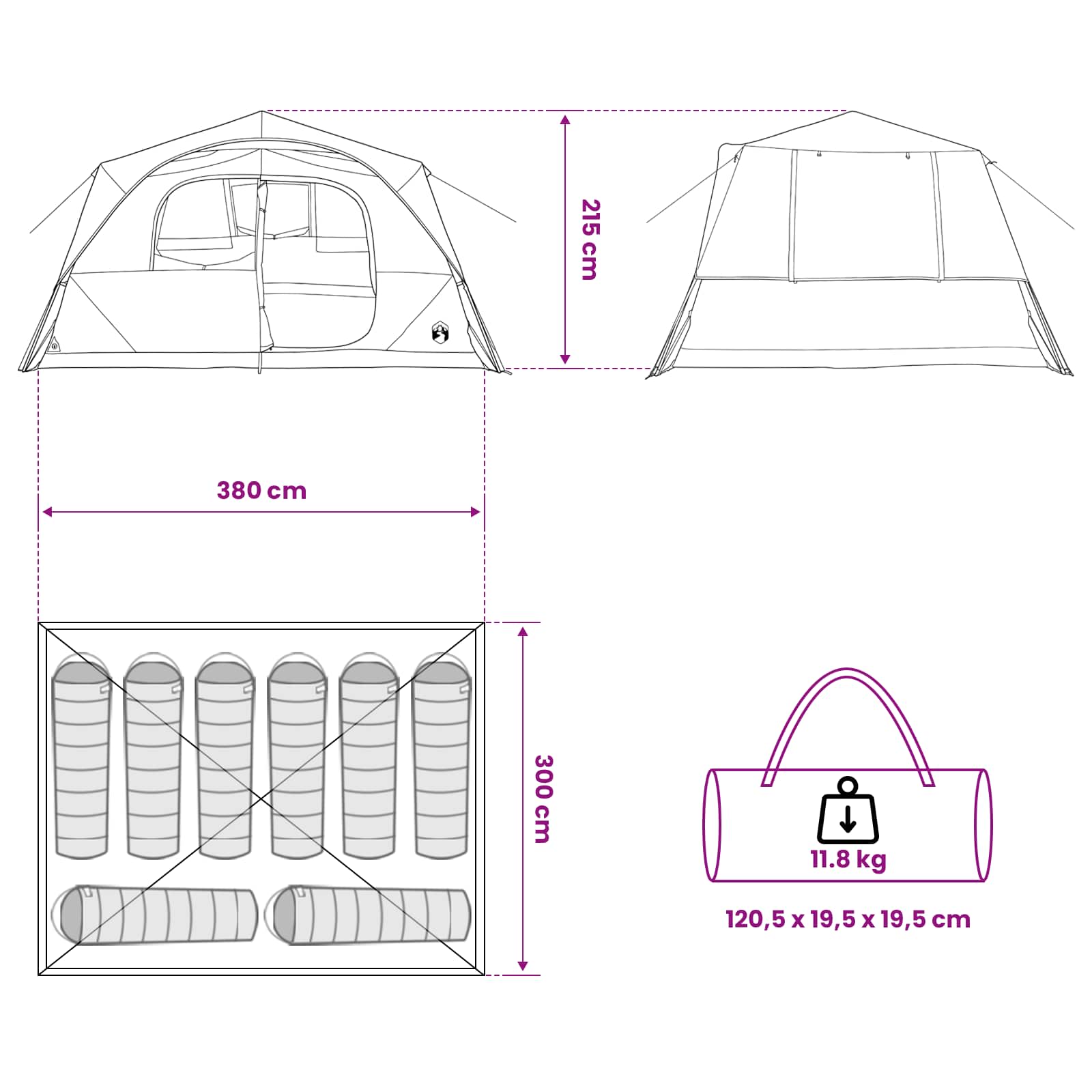 vidaXL Directe Tent Groen 365 x 380 x 200 cm Polyester en staal