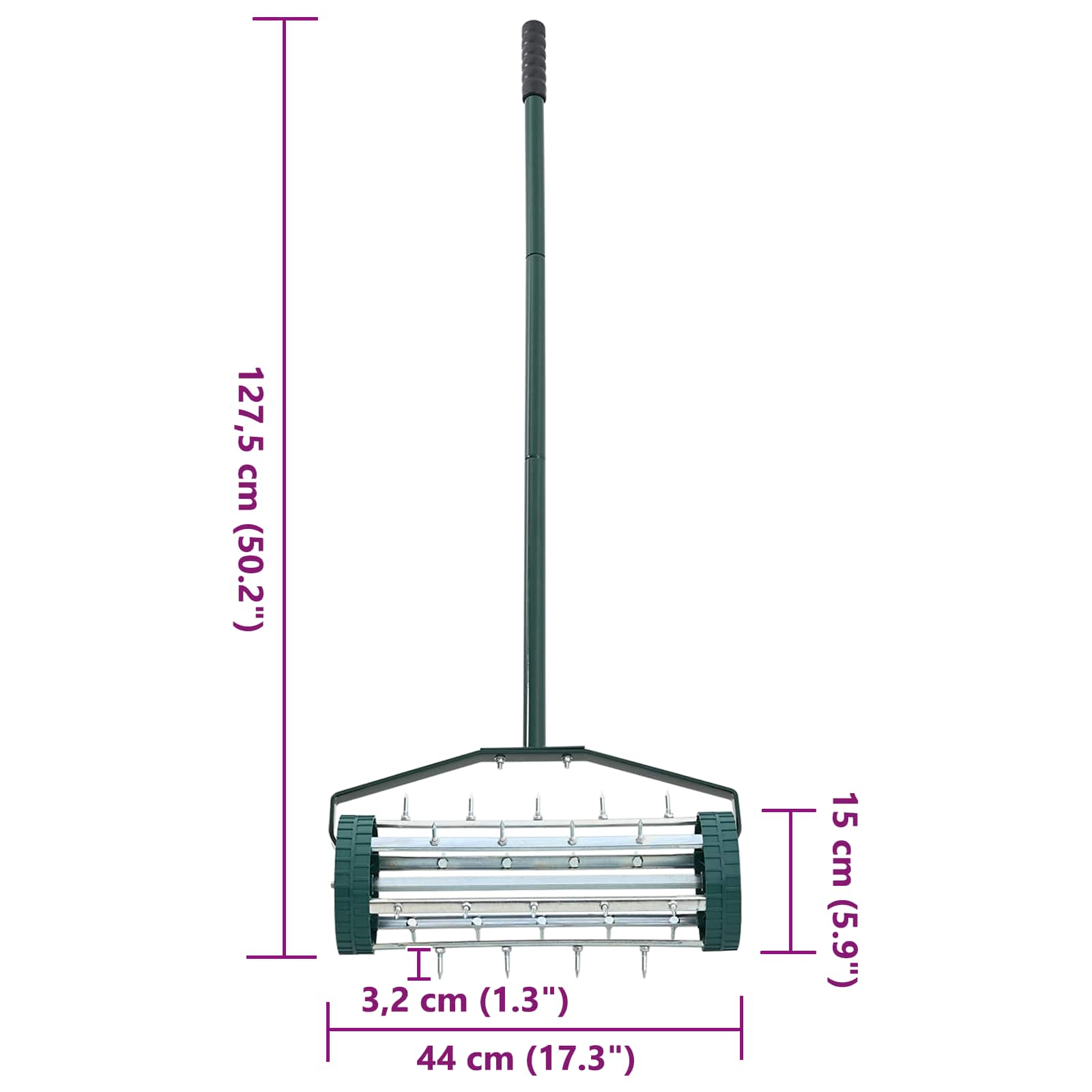 vidaXL Lawn Roller Pull met Aerator Klemmen Groen 127,5 x 44 cm Staal