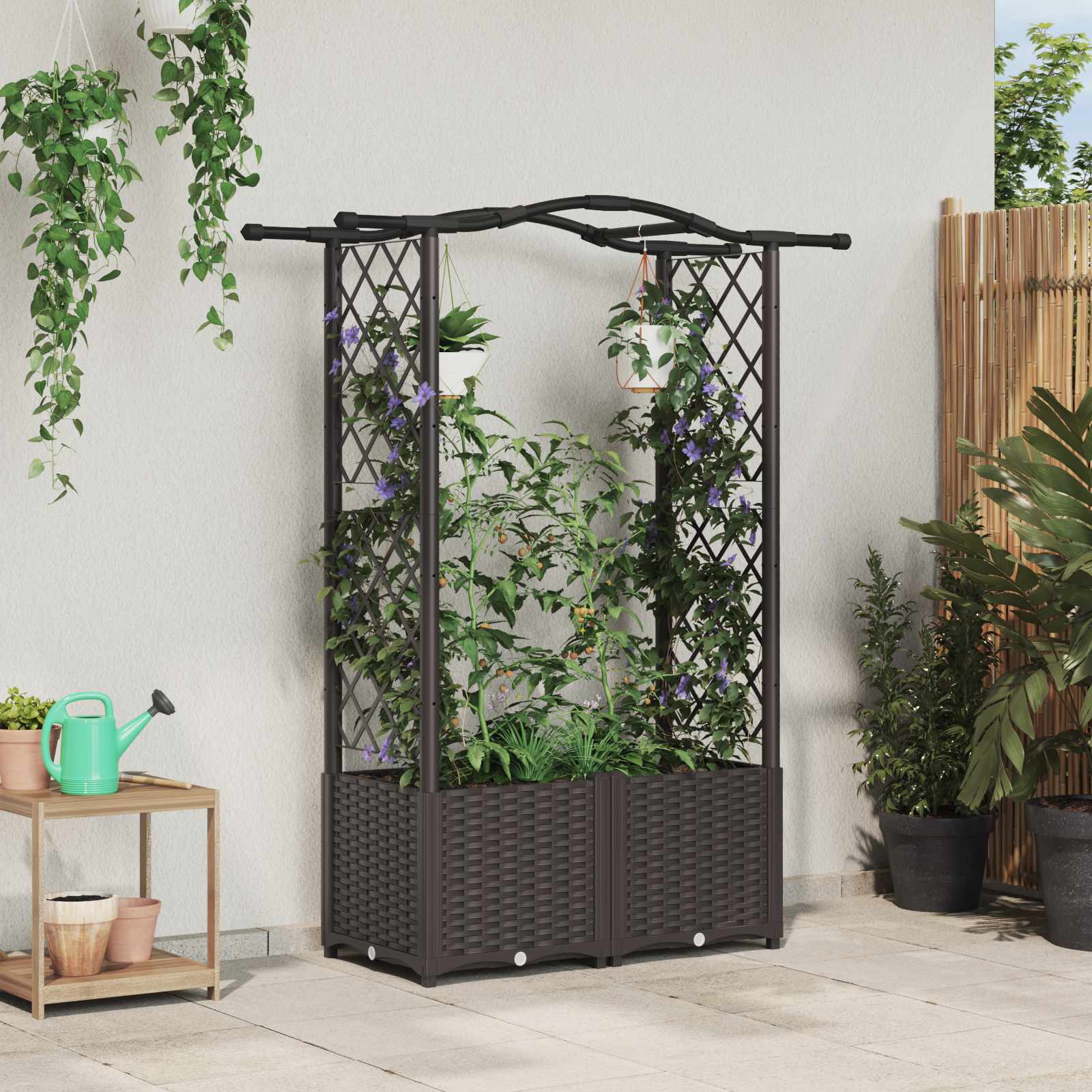vidaXL Verhoogd Bed met Trellis en Dak Bruin 124 x 40 x 126 cm PP