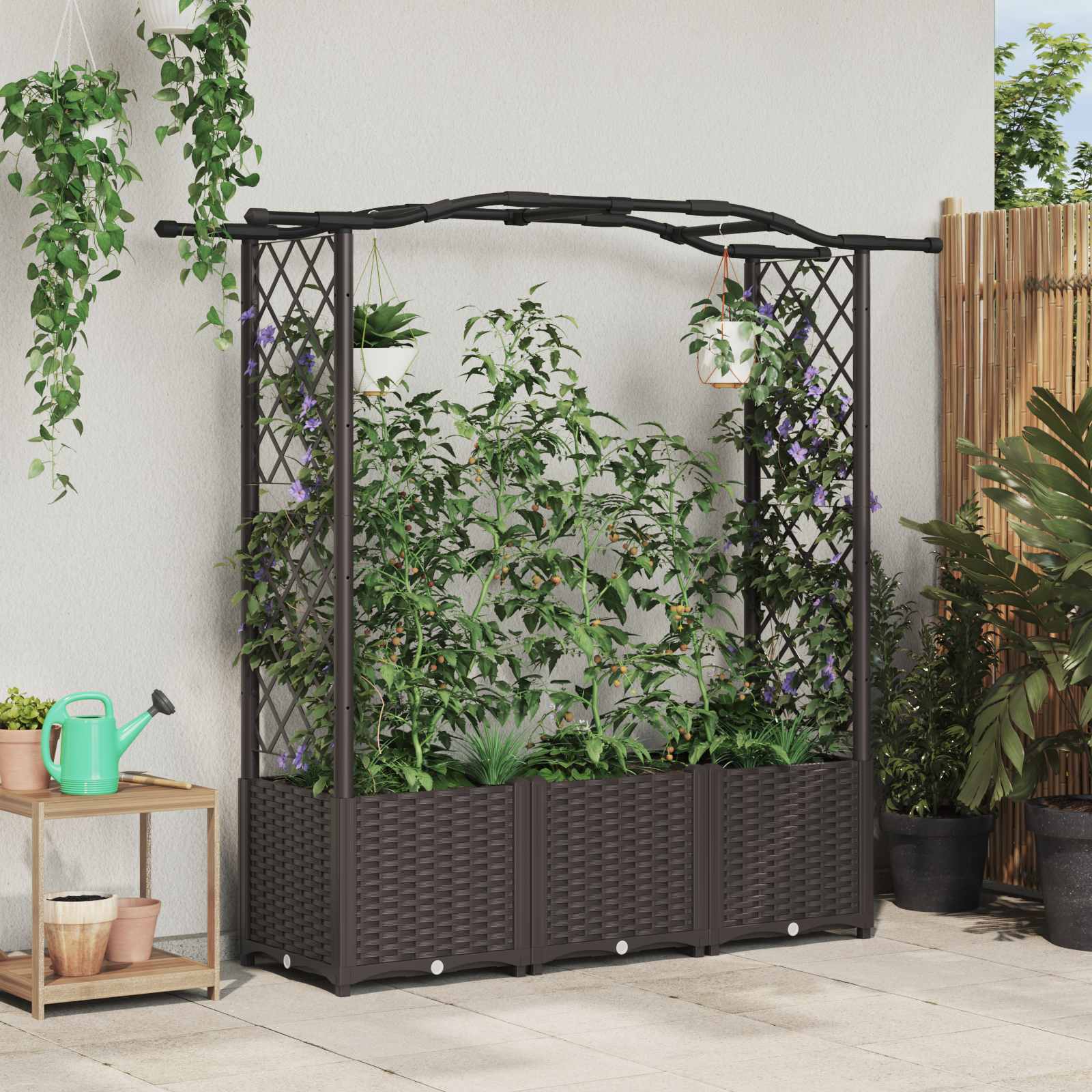 vidaXL Verhoogd Bed met Trellis en Dak Bruin 124 x 40 x 126 cm PP