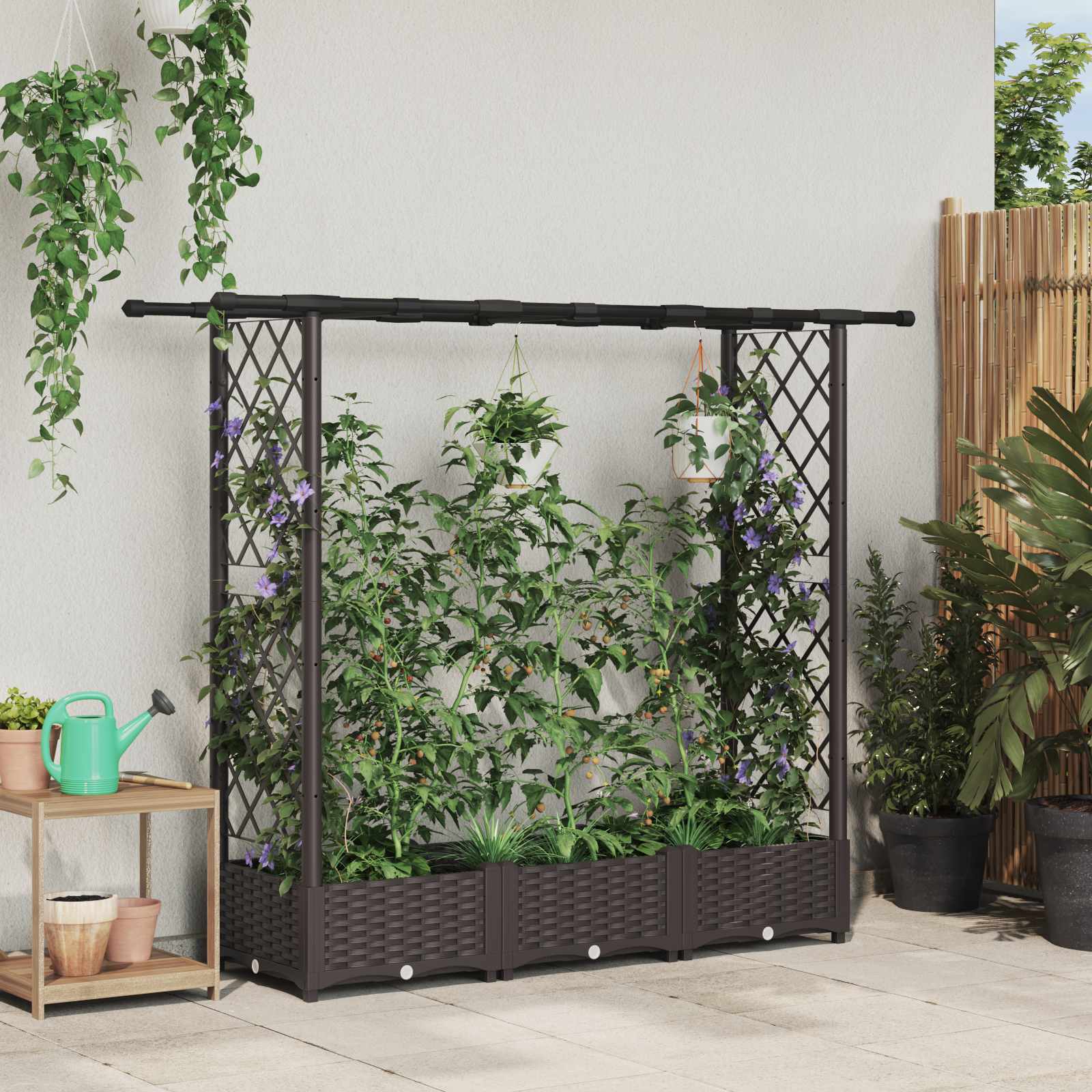 vidaXL Verhoogd Bed met Trellis en Dak Bruin 124 x 40 x 126 cm PP