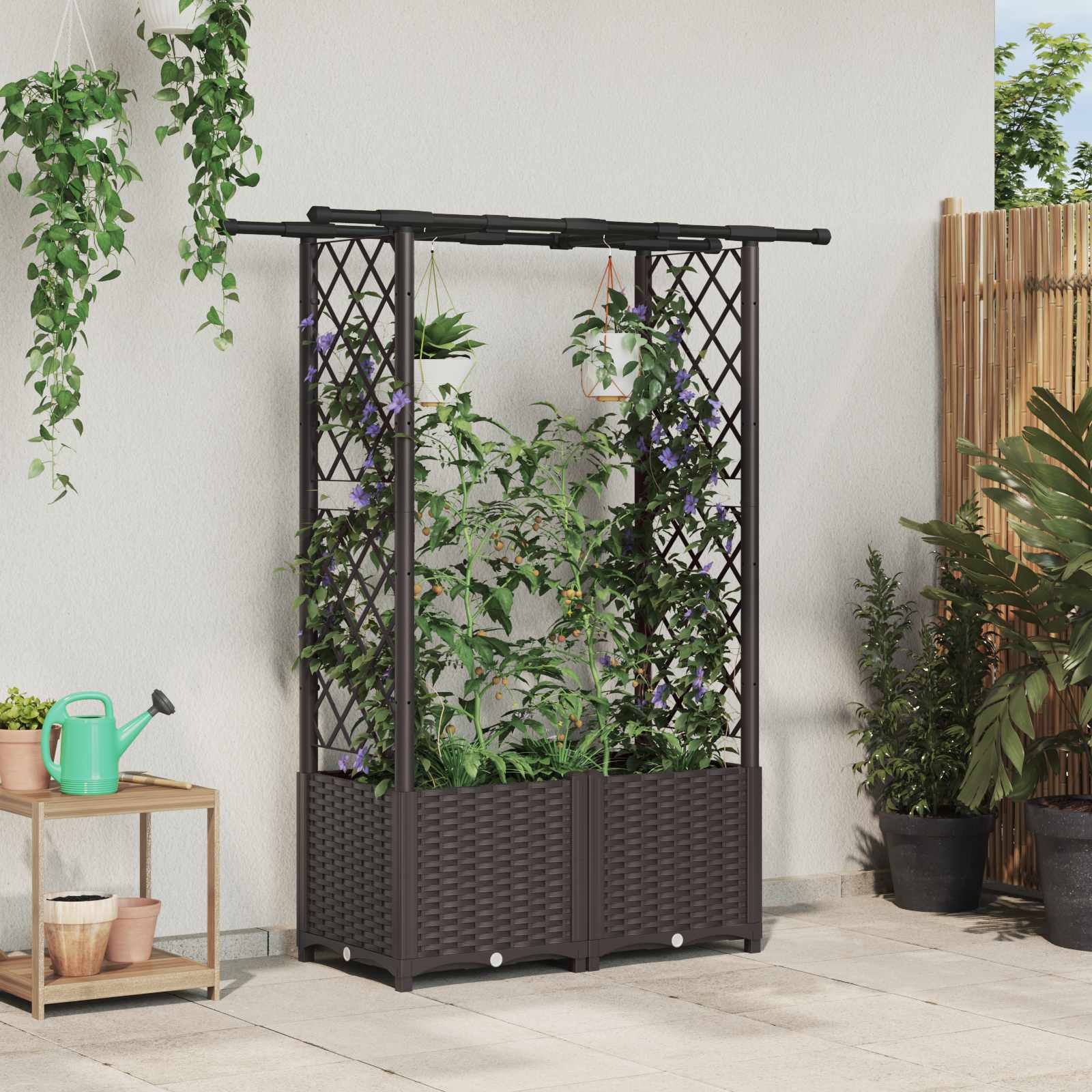vidaXL Verhoogd Bed met Trellis en Dak Bruin 124 x 40 x 126 cm PP