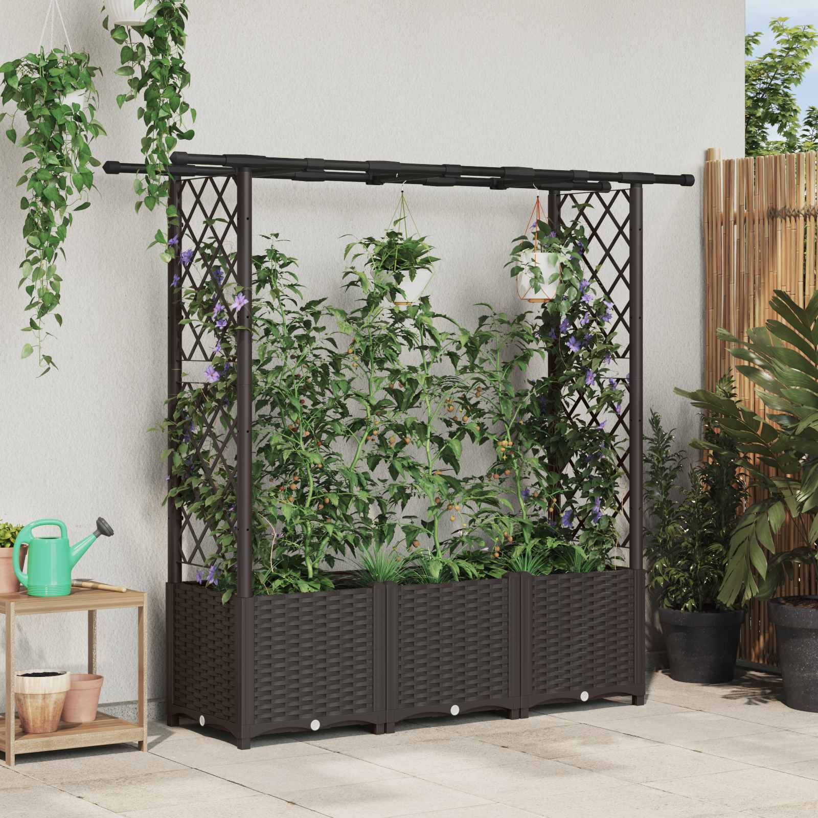 vidaXL Verhoogd Bed met Trellis en Dak Bruin 124 x 40 x 126 cm PP