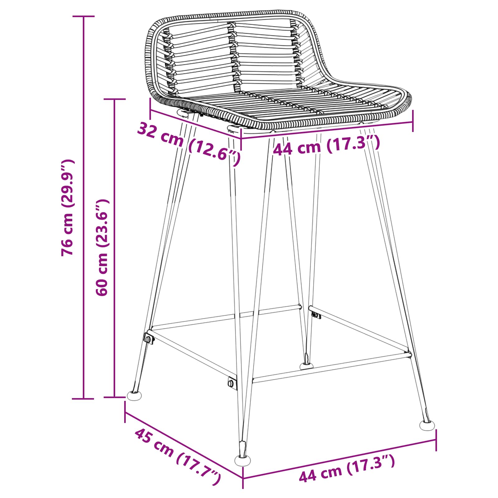 vidaXL Barkruk 2 pcs Naturel 44 x 45 x 76 cm Rattan en staal