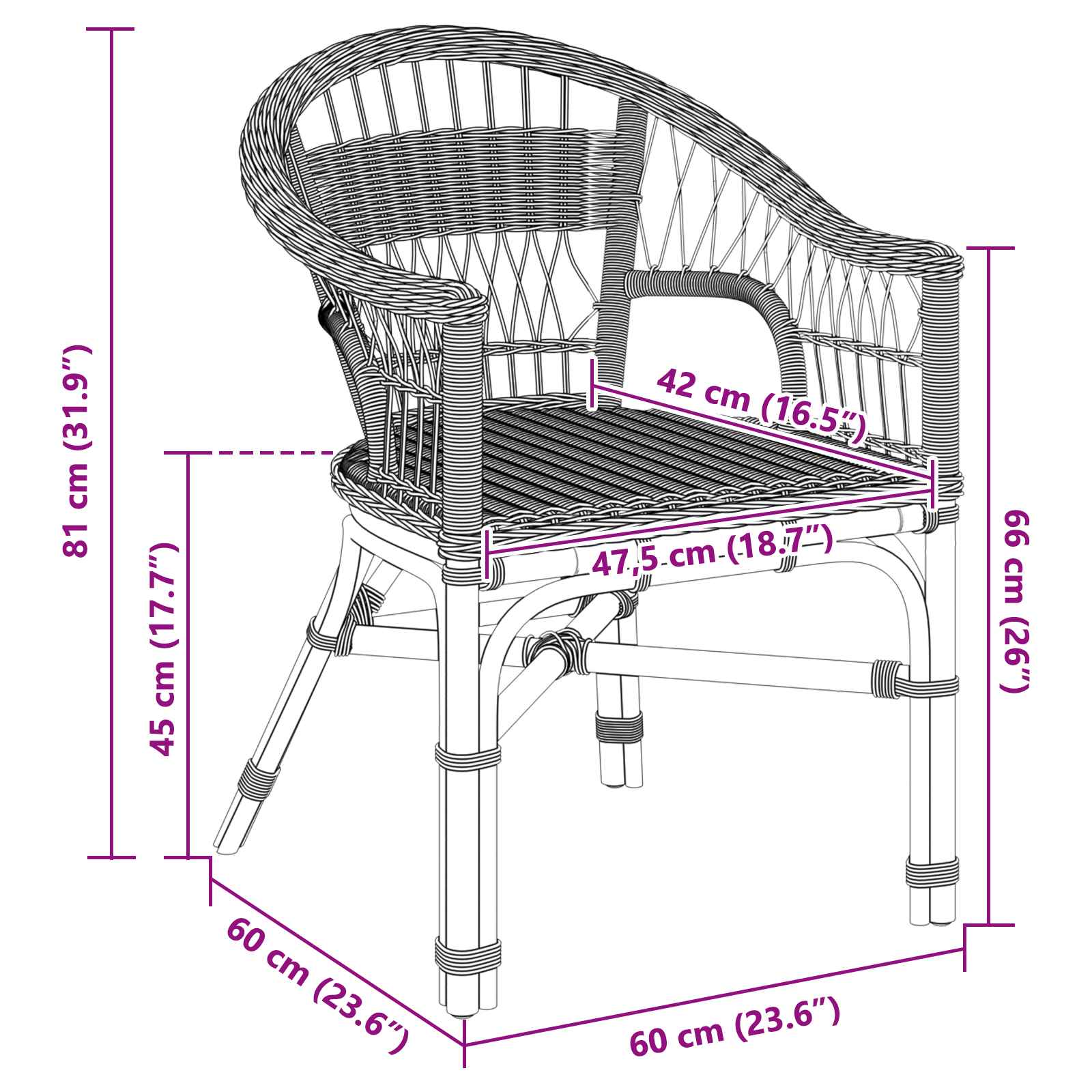 vidaXL Stapelstoel Naturel 60 x 60 x 81 cm Rattan