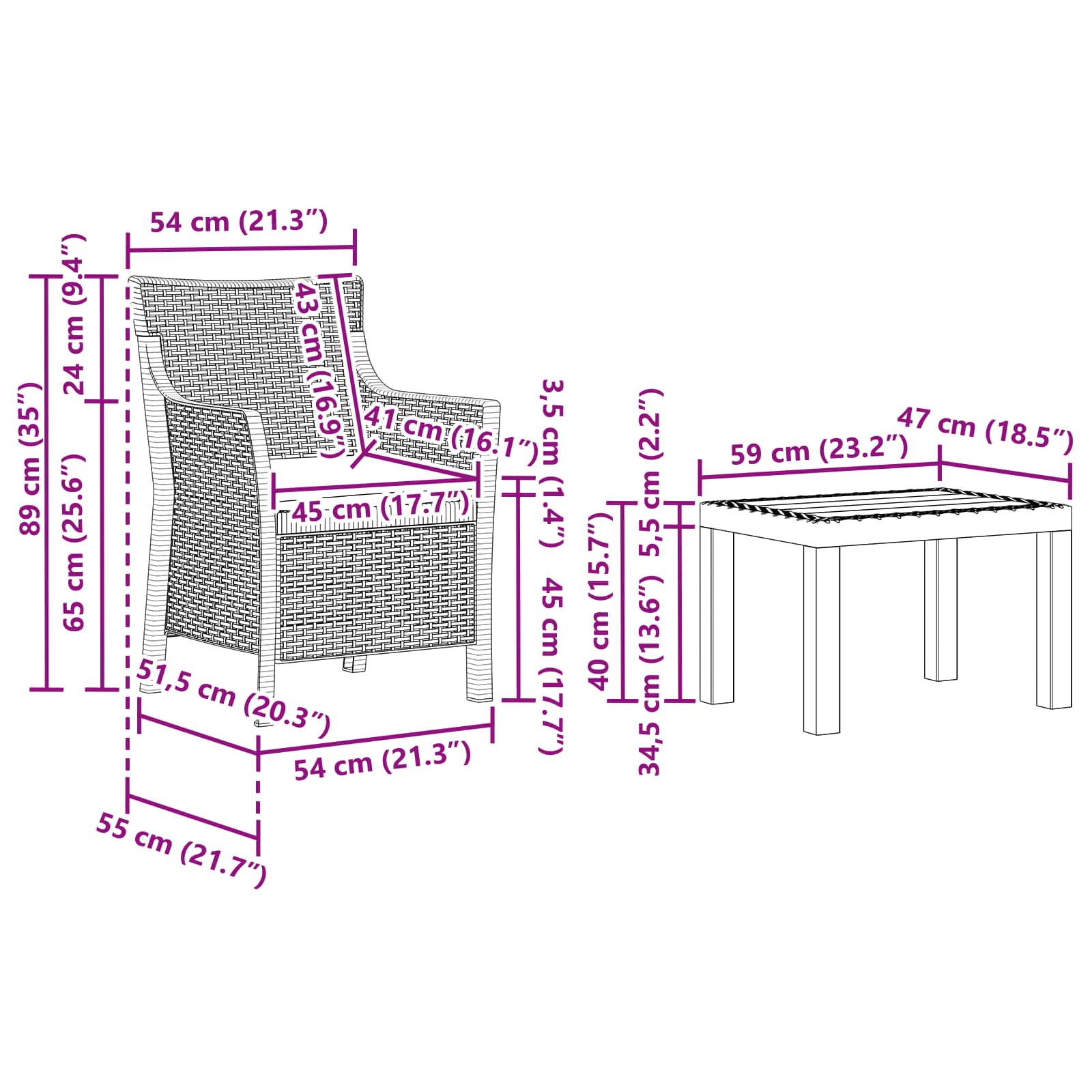 vidaXL Loungeset met kussen 3 pcs Wit PP