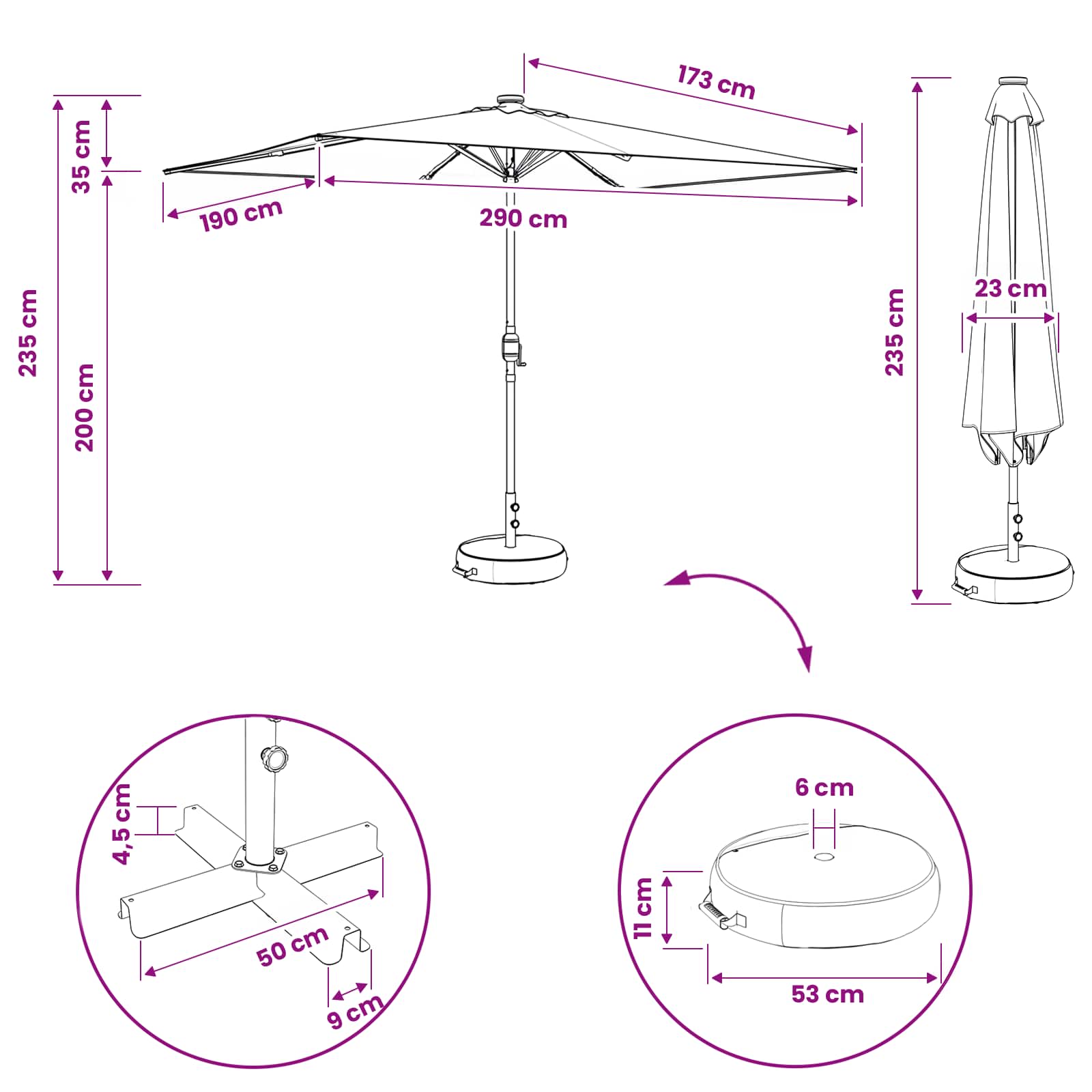 vidaXL Tuinparasol met LED-lampen en voet 200 x 300 cm Polyester