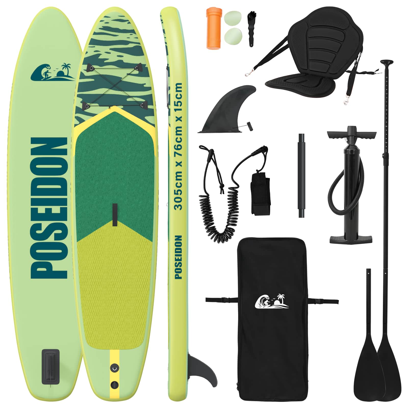 vidaXL SUP Board met zitplaats 2-in-1 POSEIDON 305 x 76 x 15 cm Groen