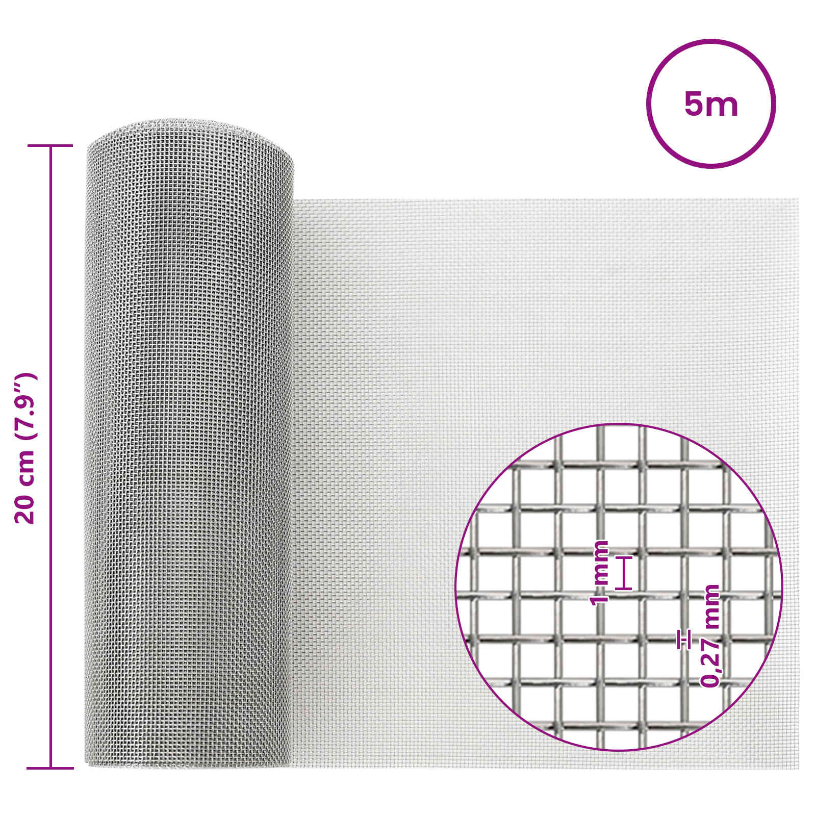 vidaXL Gaas Scherm 20 x 500 cm 20 Mesh RVS 201 Zilverkleurig