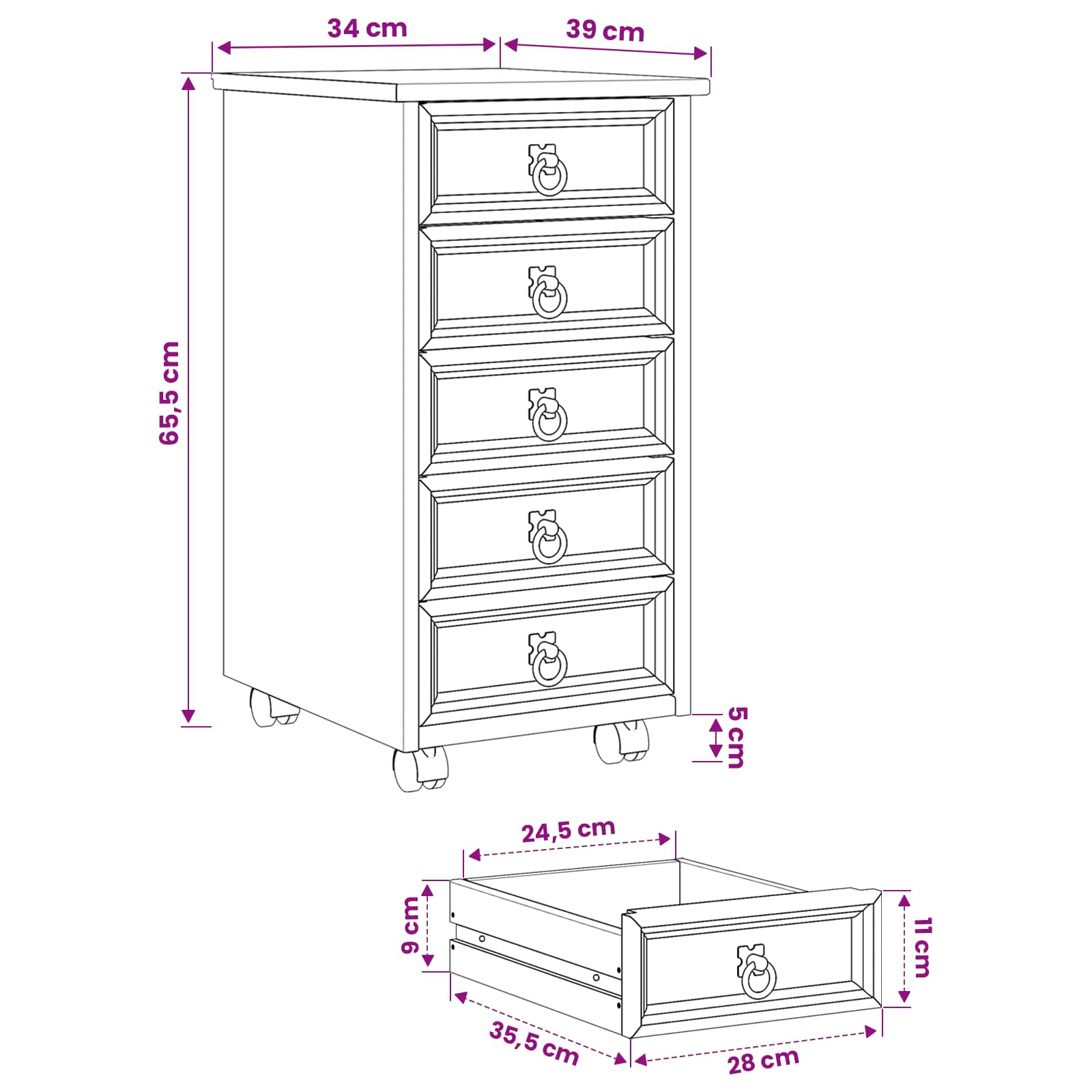 vidaXL Rolkast met lades CORONA Massief grenenhout en engineered wood