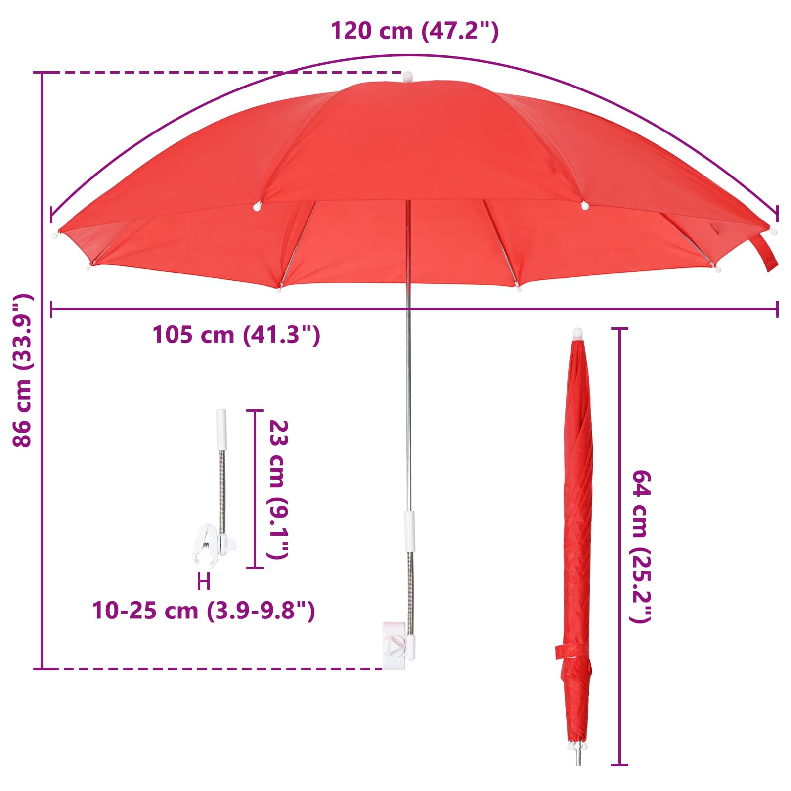 vidaXL Parasol met klem 2 pcs Vuursteenrood Ø 105 x 86 cm