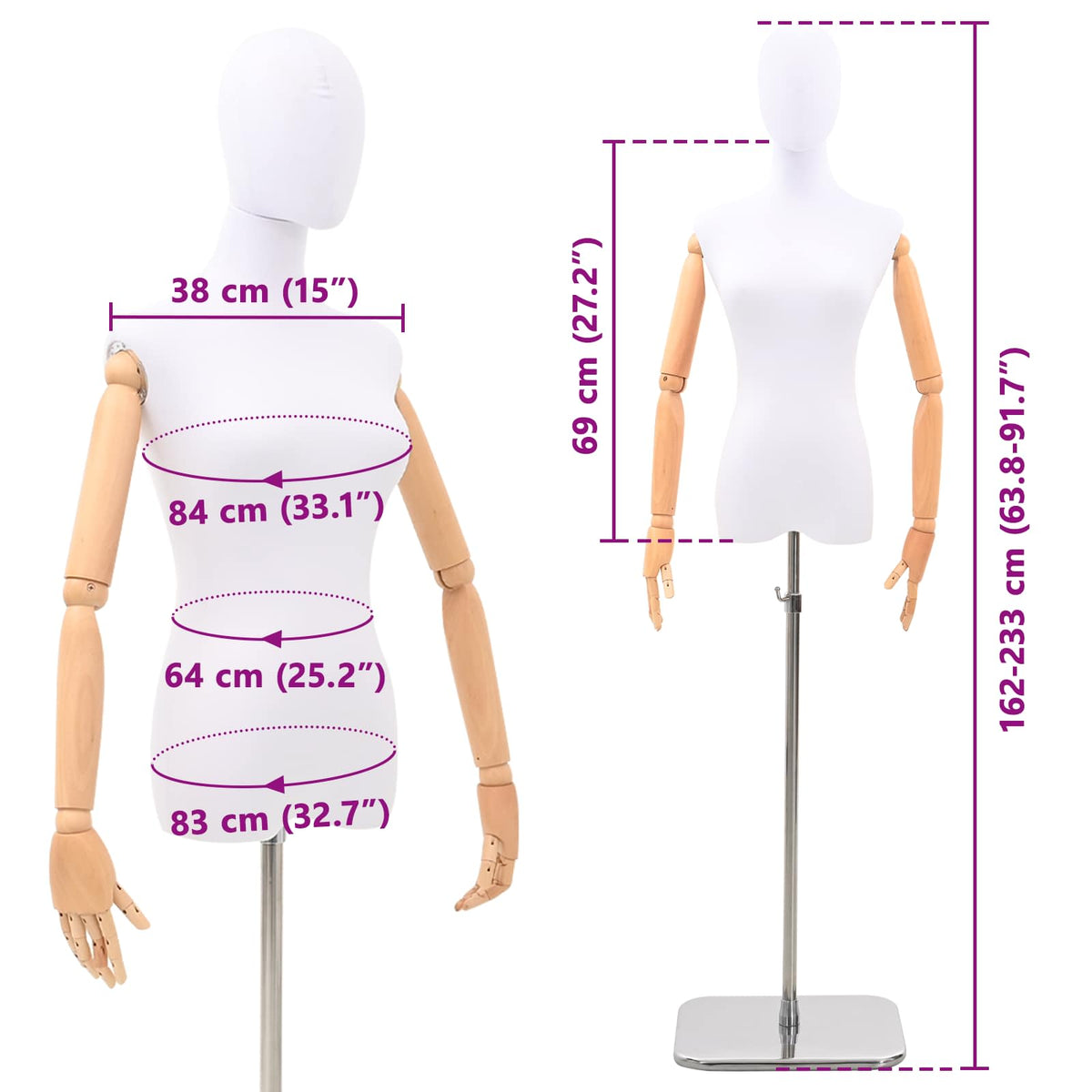 vidaXL Verstelbare mannequin van 165-213 cm met voet Vrouw PP Wit
