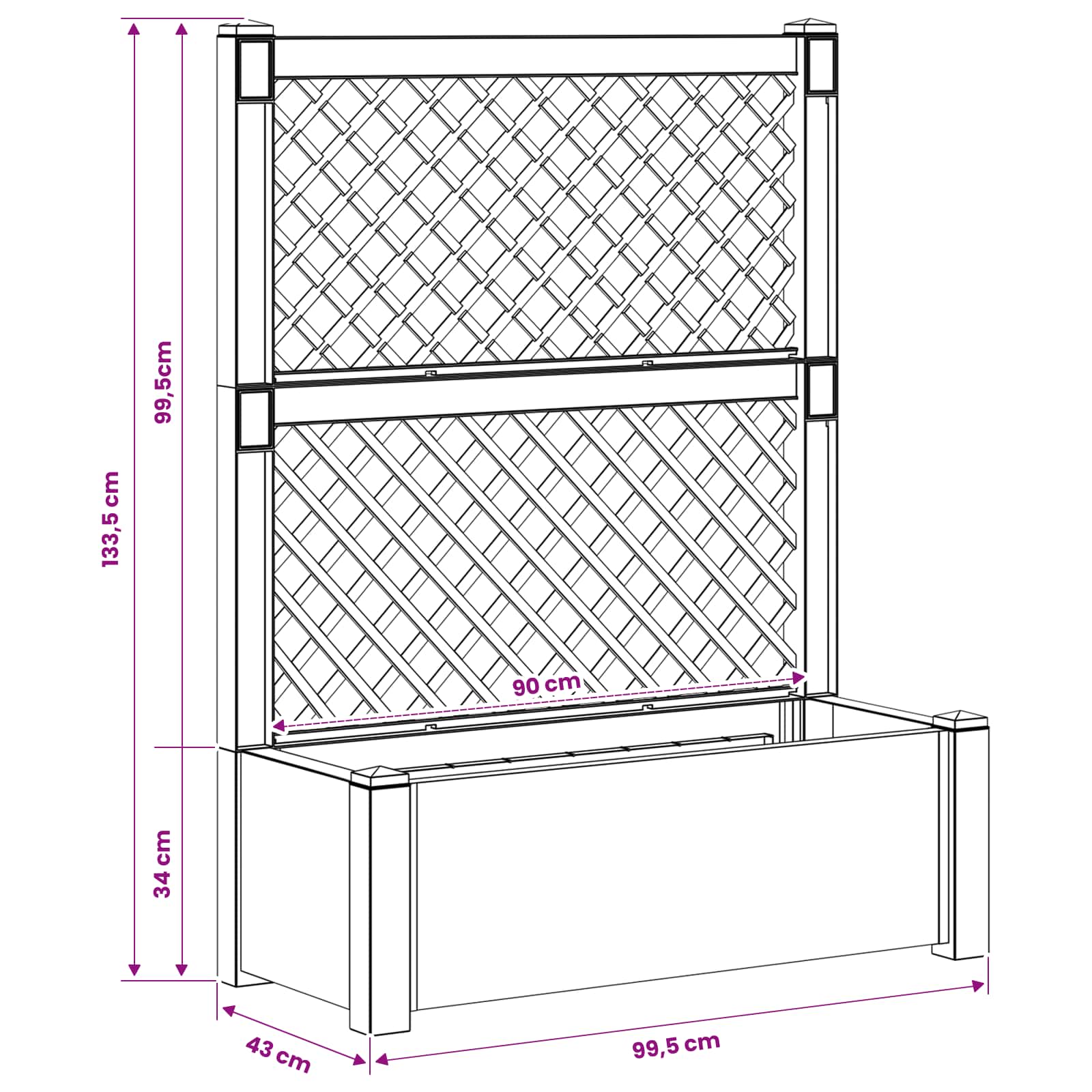 vidaXL Grote plantenbak met trellis Wit 99,5 x 43 x 133,5 cm PP