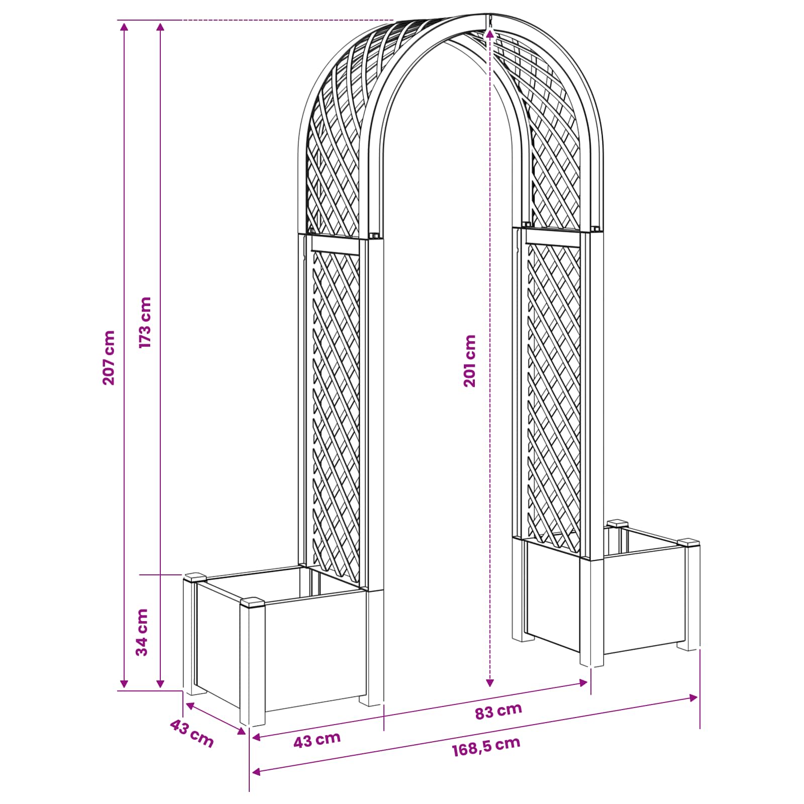vidaXL Rozenboog met planter Wit 168,5 x 43 x 207 cm PP