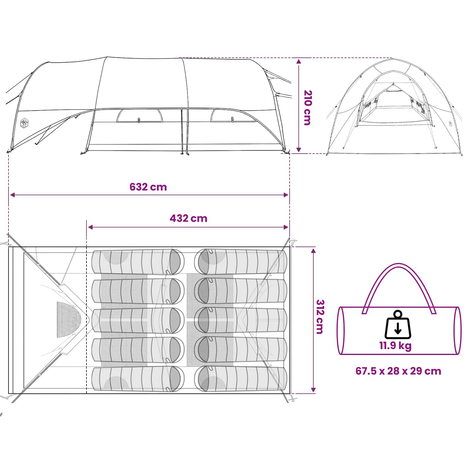 vidaXL Tunnel Tent met Waterdichte Regenhoes 10-persoons Groen