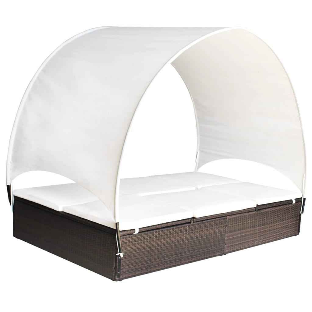 vidaXL Ligbed tweepersoons met luifel poly rattan bruin