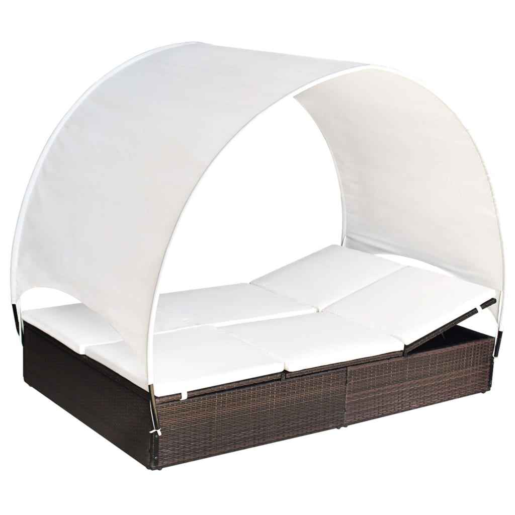 vidaXL Ligbed tweepersoons met luifel poly rattan bruin