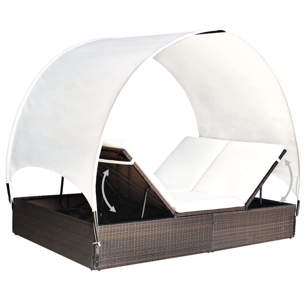 vidaXL Ligbed tweepersoons met luifel poly rattan bruin