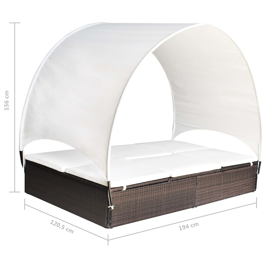 vidaXL Ligbed tweepersoons met luifel poly rattan bruin