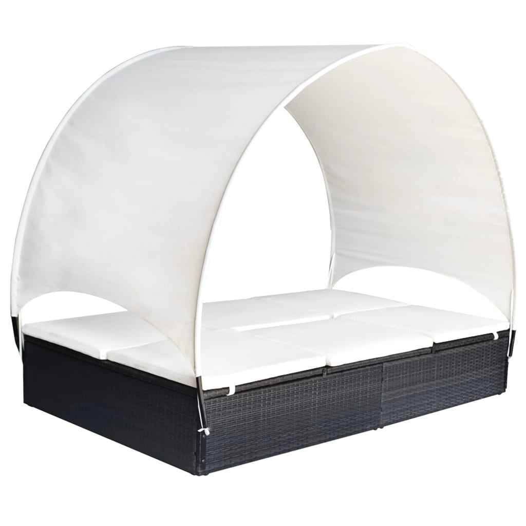 vidaXL Ligbed tweepersoons met luifel poly rattan bruin