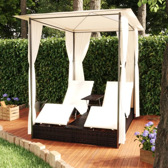 vidaXL Ligbed tweepersoons met gordijn poly rattan zwart - Aashly