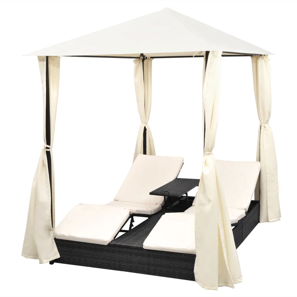 vidaXL Ligbed tweepersoons met gordijn poly rattan zwart - Aashly