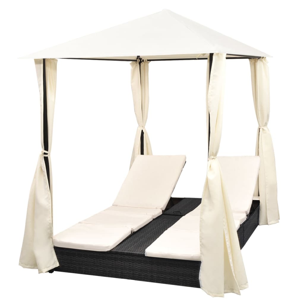 vidaXL Ligbed tweepersoons met gordijn poly rattan zwart - Aashly