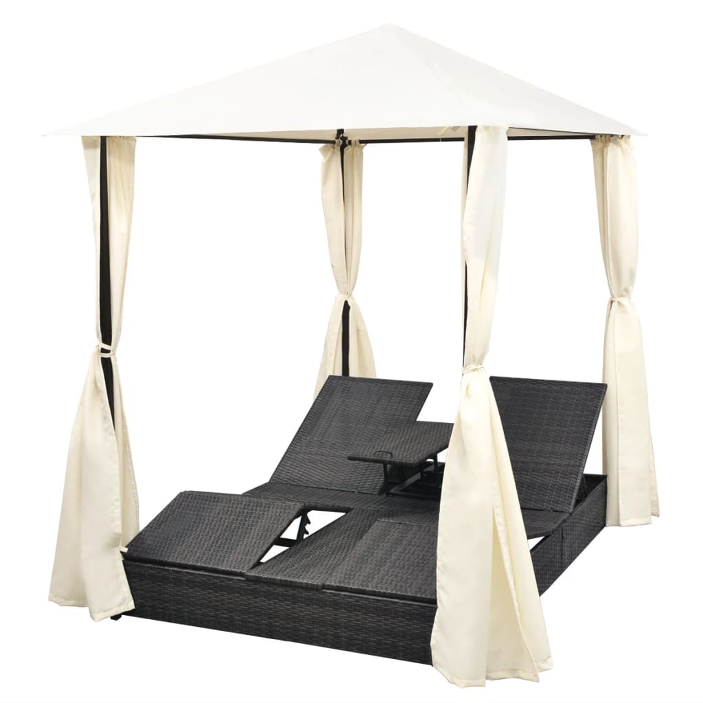 vidaXL Ligbed tweepersoons met gordijn poly rattan zwart - Aashly
