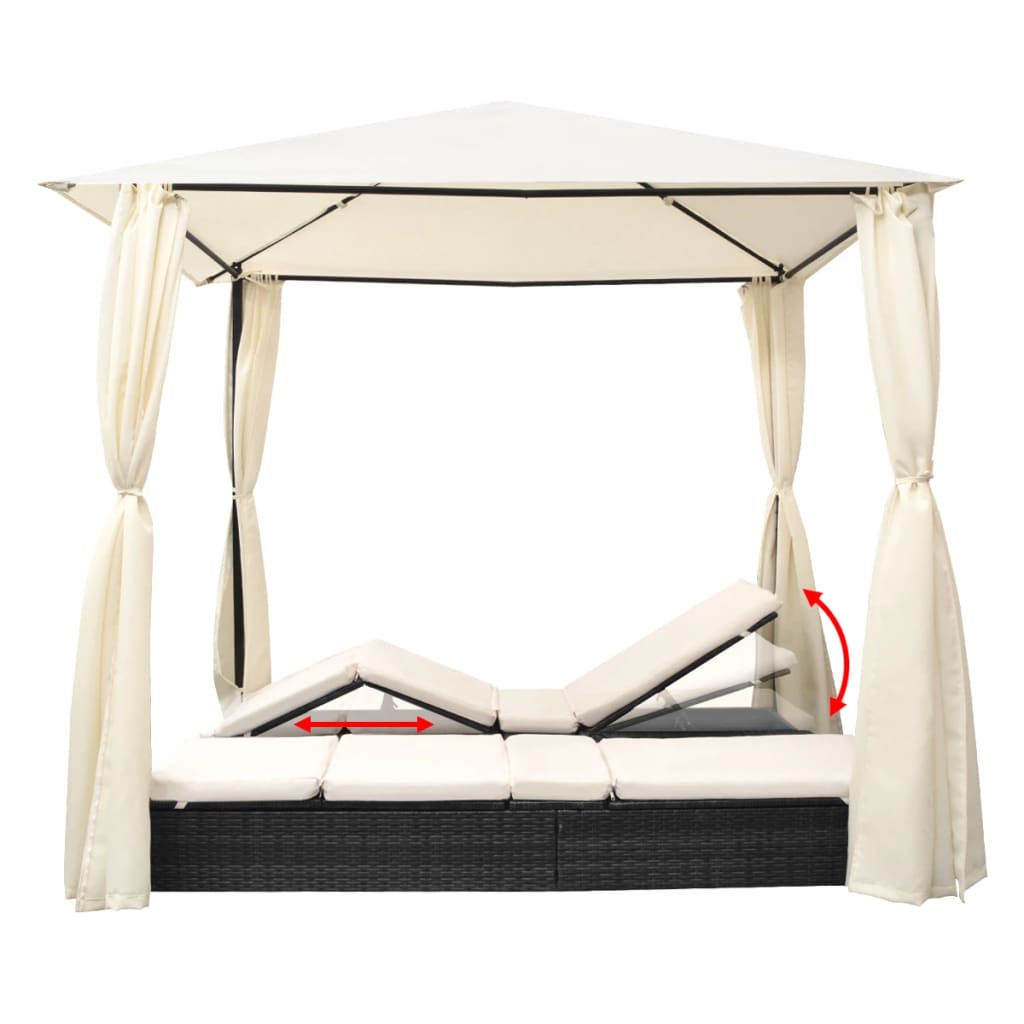 vidaXL Ligbed tweepersoons met gordijn poly rattan zwart - Aashly