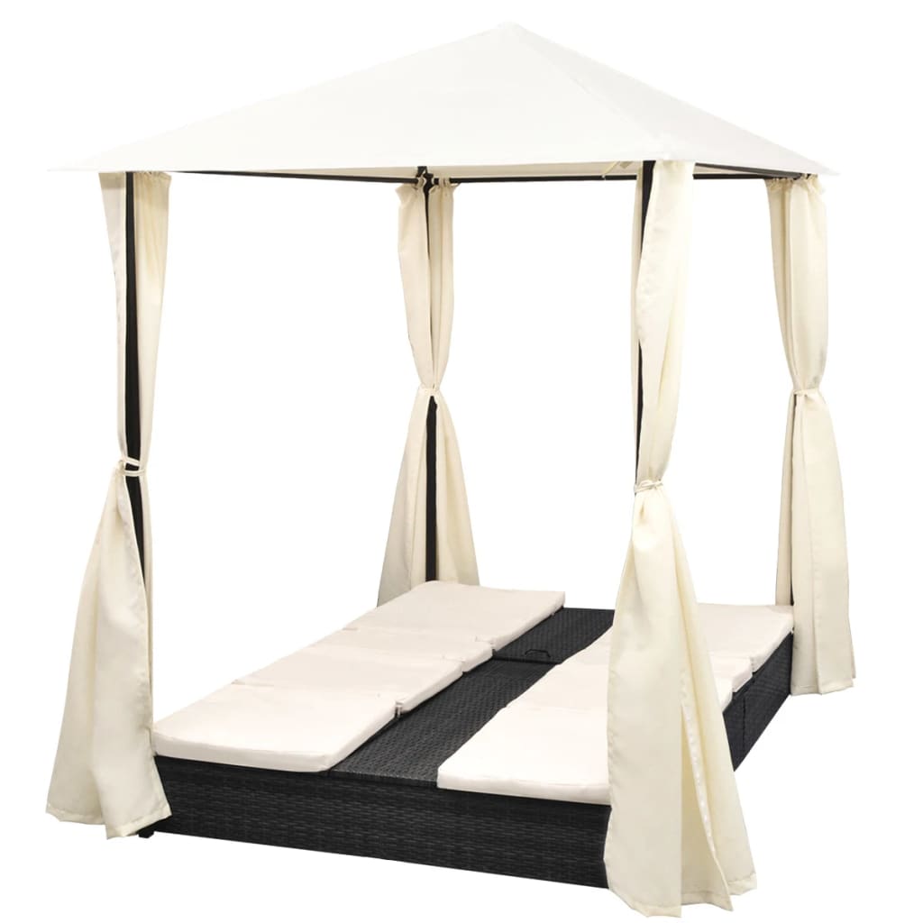 vidaXL Ligbed tweepersoons met gordijn poly rattan zwart - Aashly
