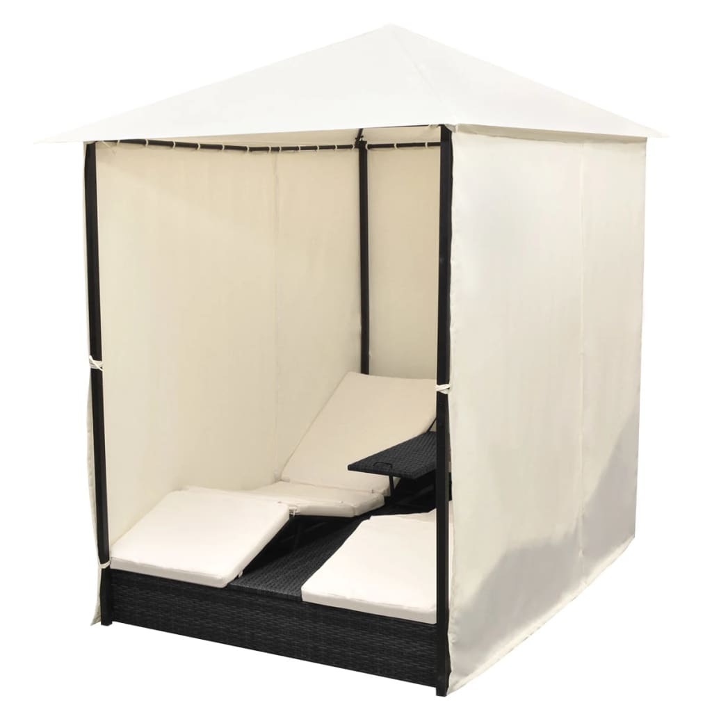 vidaXL Ligbed tweepersoons met gordijn poly rattan zwart - Aashly