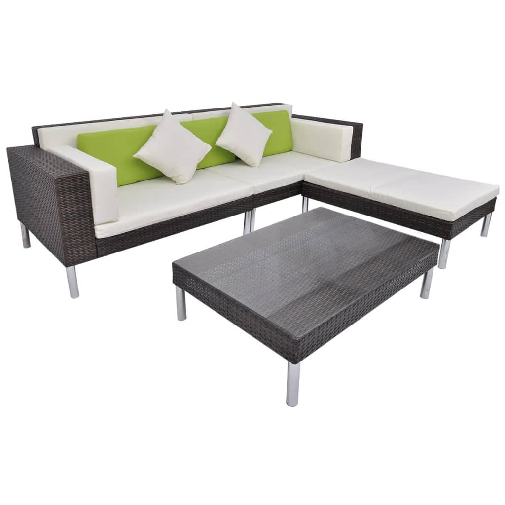 vidaXL 4-delige Loungeset met kussens poly rattan bruin