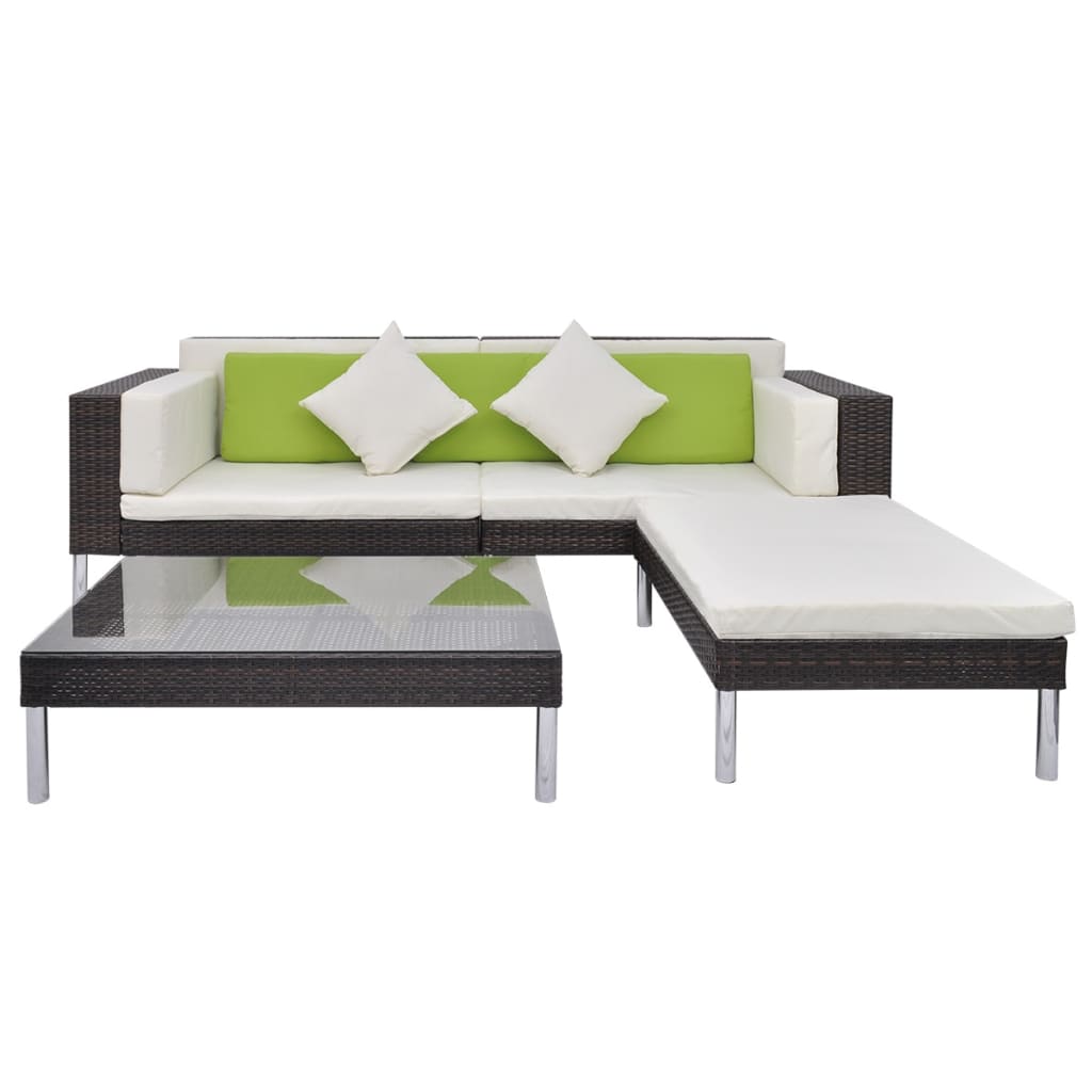 vidaXL 4-delige Loungeset met kussens poly rattan bruin