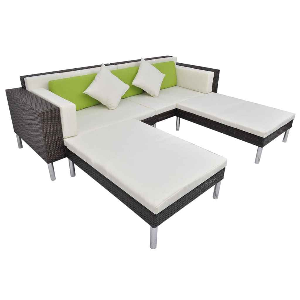 vidaXL 4-delige Loungeset met kussens poly rattan bruin