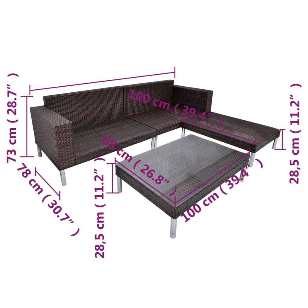 vidaXL 4-delige Loungeset met kussens poly rattan bruin