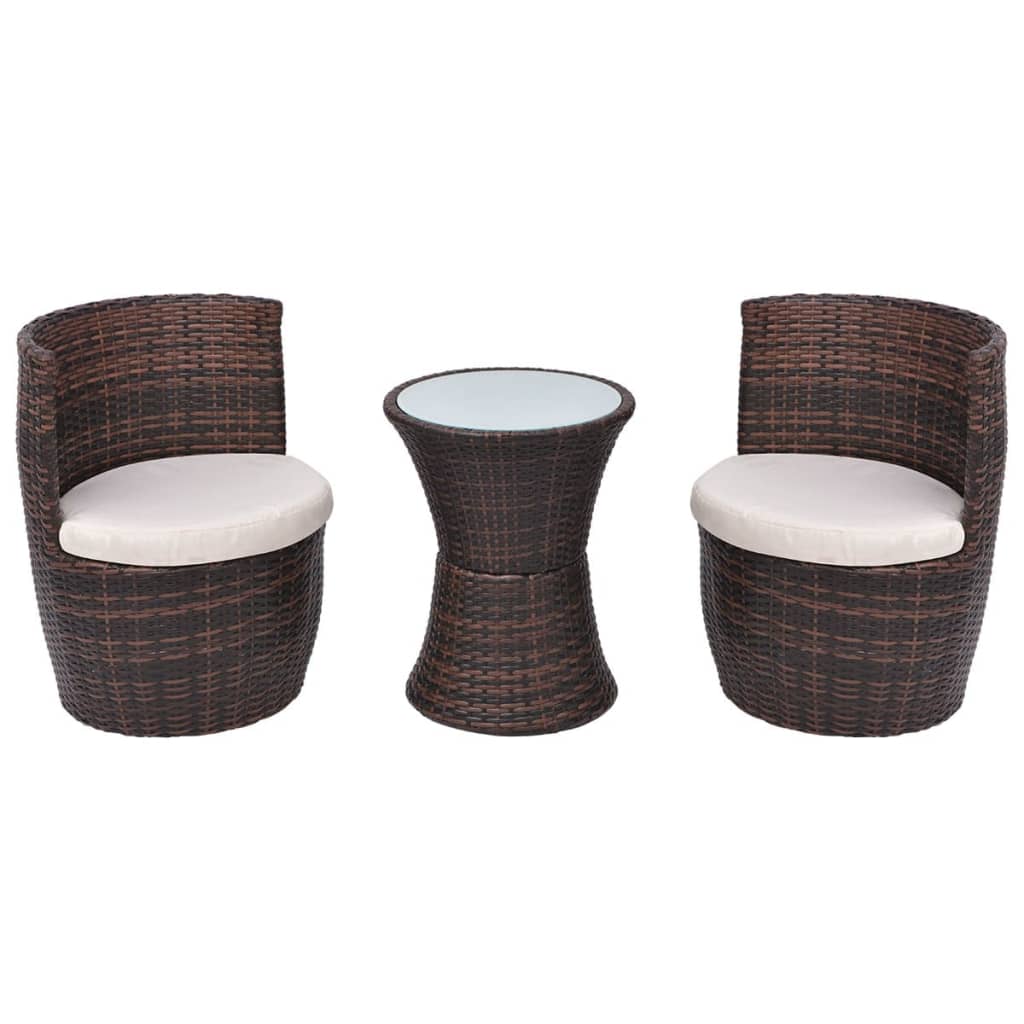 vidaXL 3-delige Bistroset met kussens poly rattan bruin