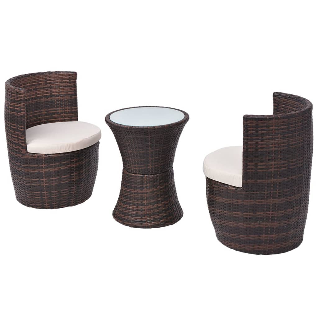 vidaXL 3-delige Bistroset met kussens poly rattan bruin