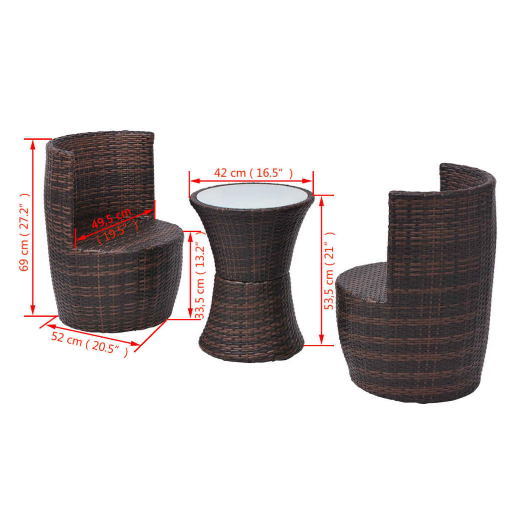 vidaXL 3-delige Bistroset met kussens poly rattan bruin