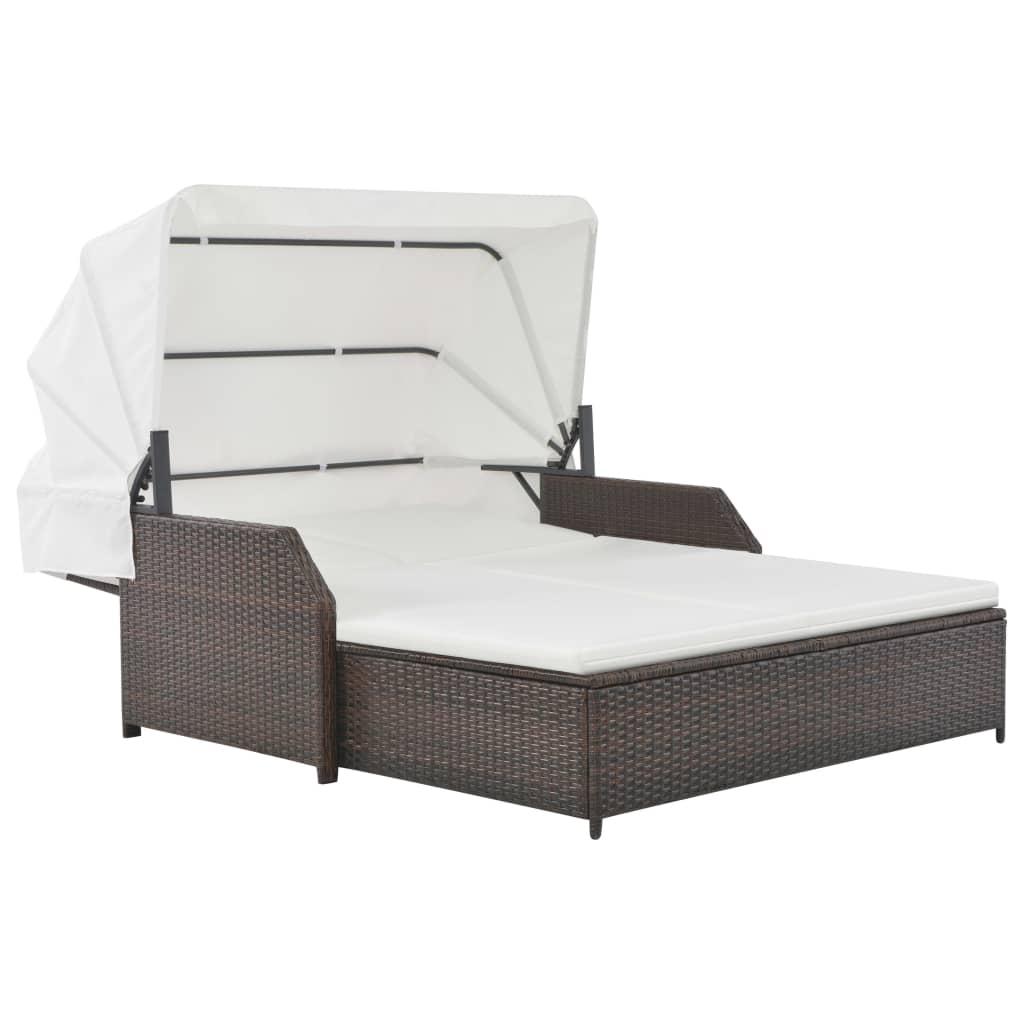 vidaXL Ligbed 2-persoons met luifel poly rattan grijs