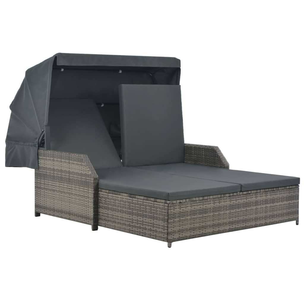 vidaXL Ligbed 2-persoons met luifel poly rattan grijs