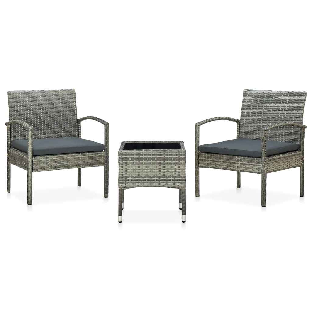 vidaXL 3-delige Bistroset met kussens poly rattan grijs