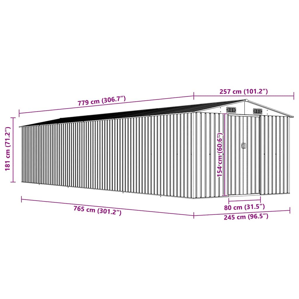 vidaXL Tuinschuur 257x779x181 cm gegalvaniseerd staal groen