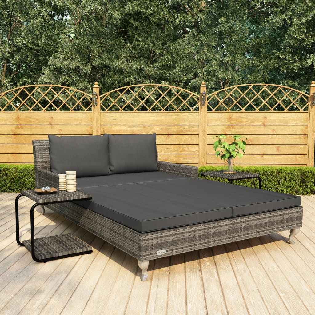 vidaXL Ligbed met kussens 2-persoons poly rattan zwart
