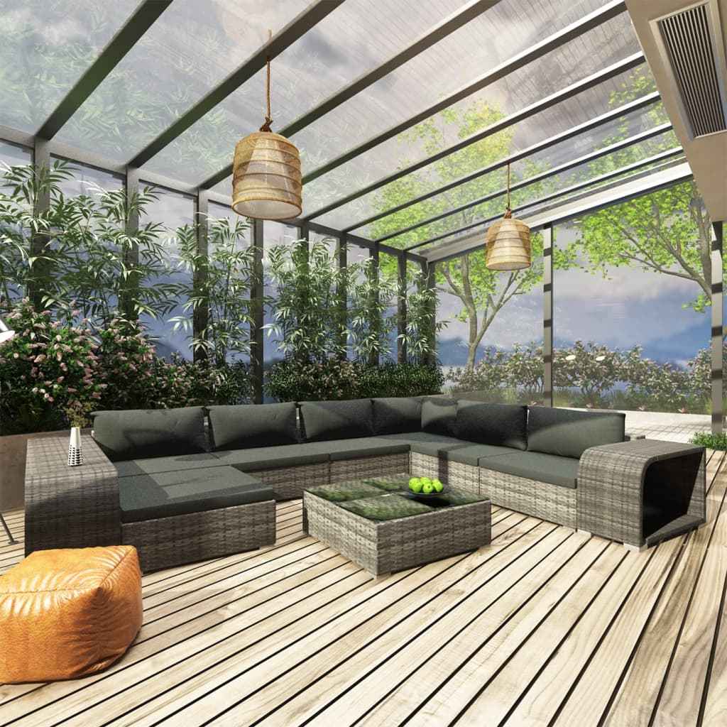 vidaXL 10-delige Loungeset met kussens poly rattan zwart