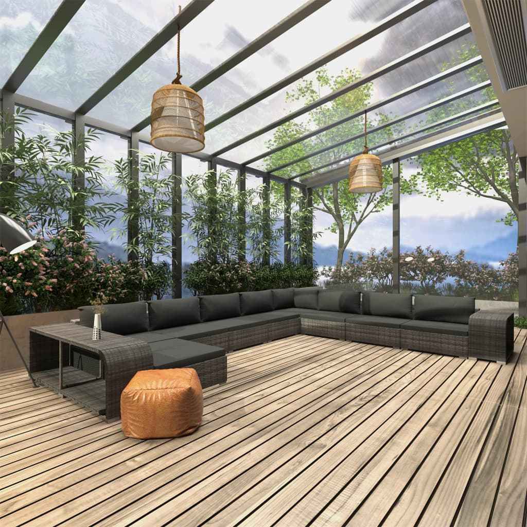 vidaXL 11-delige Loungeset met kussens poly rattan grijs