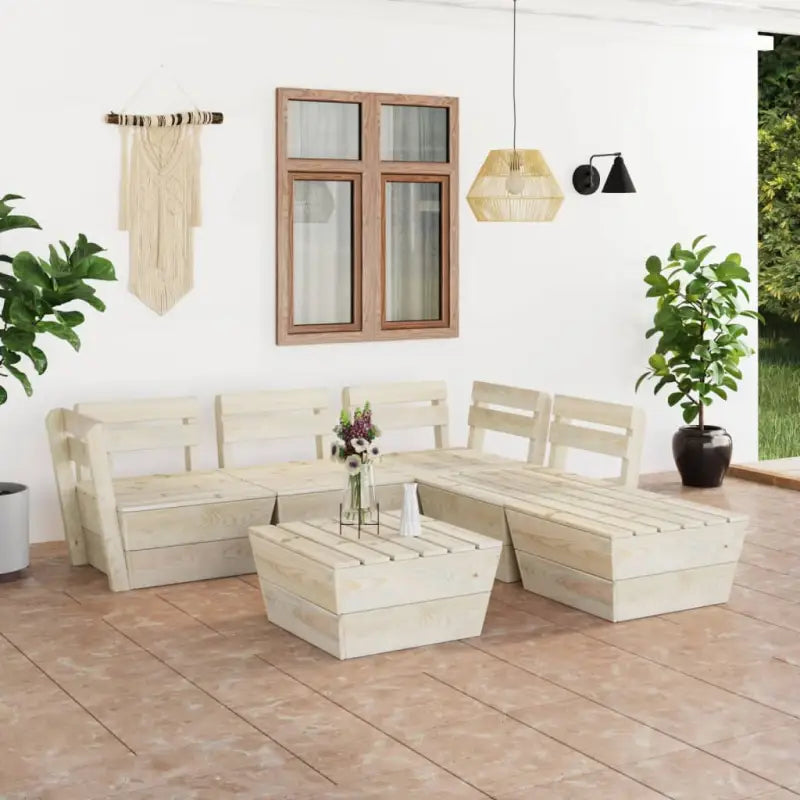 6-delige tuinset van geïmpregneerd vurenhout met tafel en hocker - 1 / 2x midden + 2x hoek + 2x Tafel - Tuinsets