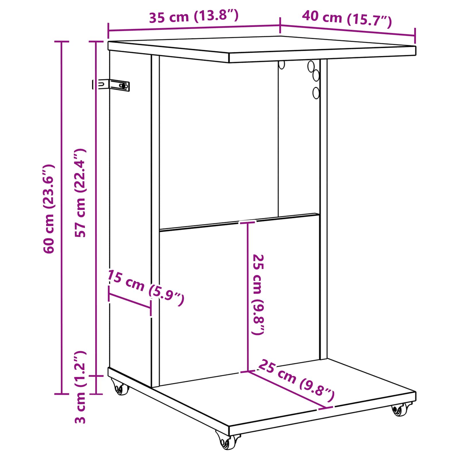 vidaXL Bijzettafel met wiel Wit 40 x 35 x 60 cm Bewerkt hout