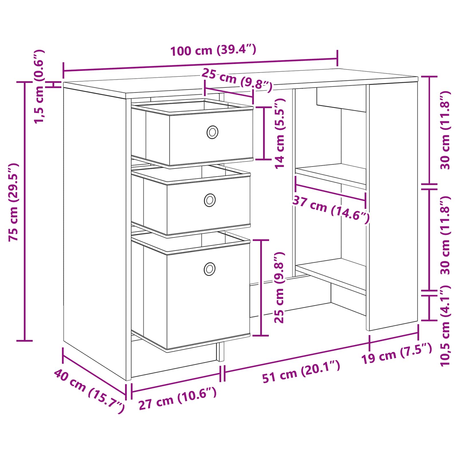 vidaXL Bureau met lade Grijs Sonoma 100 x 40 x 75 cm Bewerkt hout